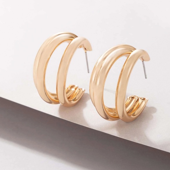 Rouge! Triple Gold Hoop Earrings - Picture 3 of 7